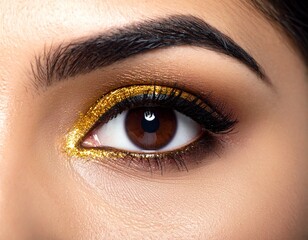 Fototapeta premium Close up of female eye with glossy golden glitter make-up.