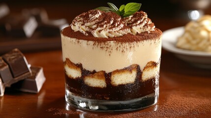 Tiramisu Dessert in Glass Dish with Chocolate Topping