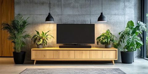 Fototapeta premium Modern living room with TV, plants, pendant light, concrete wall, and large window.