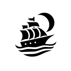 Classic Nautical Silhouette Icon: Sailing Ship, Crescent Moon, and Waves Graphic