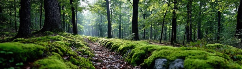 Obraz premium Green moss across peaceful landscape with natural beauty concept. Serene forest path lined with vibrant green moss and tall trees.