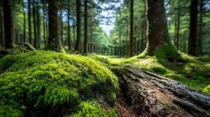 Obraz premium Green moss across peaceful landscape with natural beauty concept. Tranquil forest scene showcasing moss-covered rocks and tall trees.