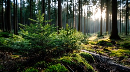 Fototapeta premium Green moss across peaceful landscape with natural beauty concept. Lush forest scene with young trees and soft sunlight filtering through.