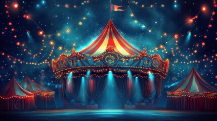 Whimsical circus tent at night with glowing festive lights in enchanting atmosphere