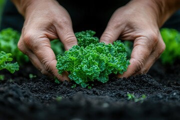 Hands planting a vibrant green kale seedling in fertile soil a symbol of growth