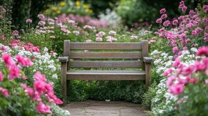 Serene wooden bench surrounded by colorful blossoms in a lush garden setting