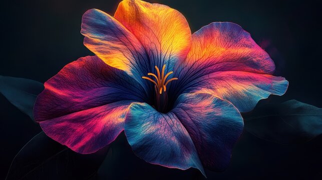 Vibrant multicolored flower with dark background and radiant petals