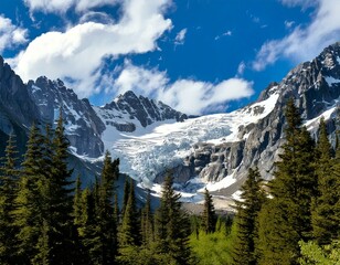 Obraz premium Jackson Glacier is nestled between its mountain neighbors under puffy white clouds and a bri.
