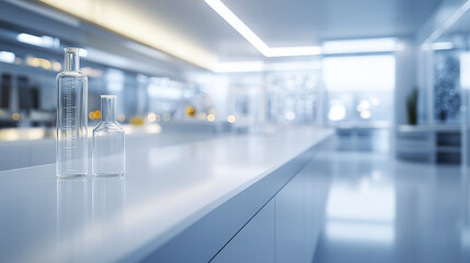 Fototapeta premium modern science laboratory with clear glass containers sleek white countertop, evoking sense