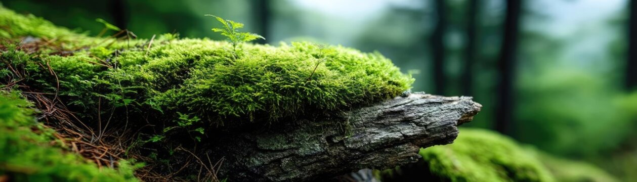 Green moss along beautiful grass with calm landscape concept. Lush green moss covering a fallen log in a serene forest landscape.