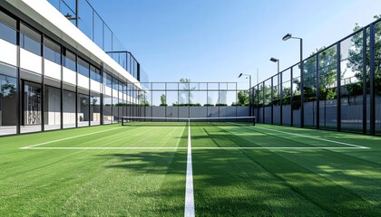Obraz premium Modern outdoor artificial grass tennis court at sports facility with surrounding metal mesh fences