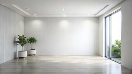 Empty room with plants, large window, and recessed lighting ideal for interior design showcasing