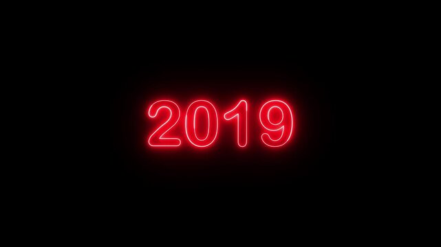 2019 neon line text. Abstract 2019 neon text animation ,For neon color Glowing neon number text background 4k video animation .Digital font against a dark background with neon line looping animation.