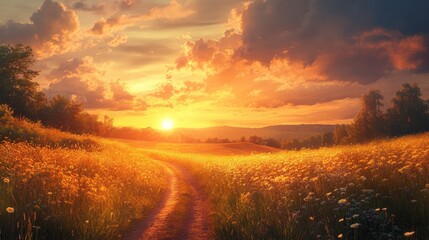 Breathtaking sunset over vibrant wildflower field and serene pathway