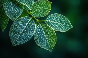 Green Leaves with White Veins Against a Dark Green Backdrop: Nature's Intricate Detail