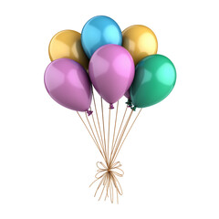 A bunch of pastel colored balloons tied together with a bow, isolated on a transparent background. The balloons are various shades of pink, teal, gold, and green on transparent background