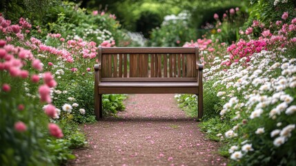 Wooden bench in blooming garden path with vibrant pink and white flowers