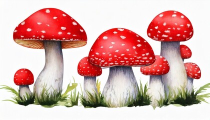 Obraz premium red, white, mushrooms, watercolor, illustration, isolated, transparent, background, fungi, toadstool, amanita, mushroom, drawing, painting, art, botanical, nature, forest, wild, fungus, polka, dots, s
