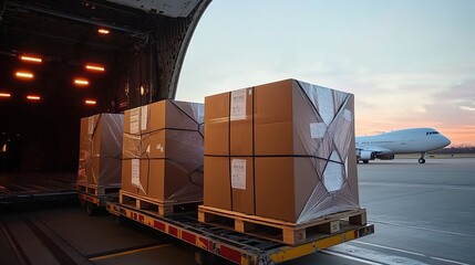 Plastic-wrapped cardboard boxes on pallet near airplane on tarmac.