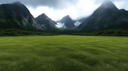 Fototapeta premium Lush green meadow nestled amidst majestic mountains. Vast valley, high peaks, and a serene atmosphere