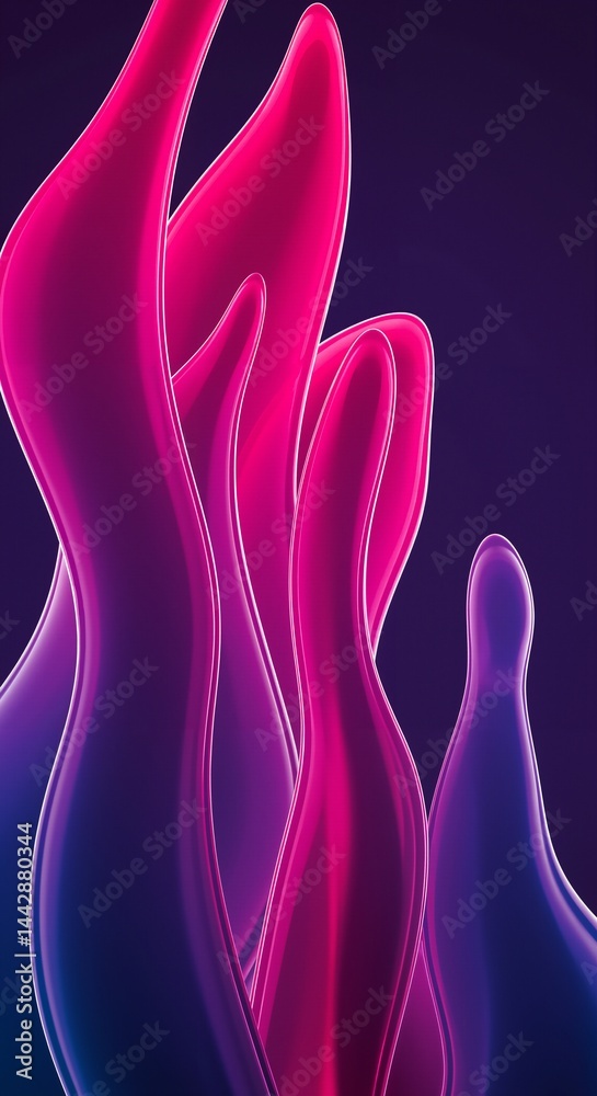 Poster abstract fluid shapes and vibrant colors: a captivating display of flowing forms against a dark purp