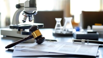 The gavel is placed on a legal document with a microscope and laboratory glassware in the background, demonstrating the combination of law and research.