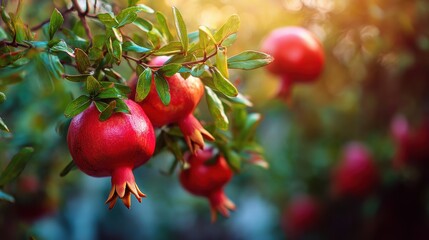 Pomegranates show promise in Alzheimer's treatment. Vibrant pomegranates hanging from lush green branches in soft evening light.