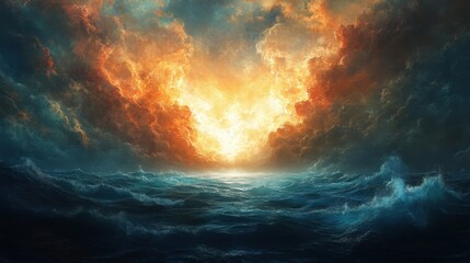 Dramatic ocean waves under fiery sky at sunset