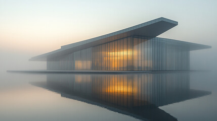 Fototapeta premium stunning architectural structure with glass facade reflecting calm waters during foggy sunrise