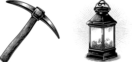 Obraz premium Vintage mining tools illustration featuring pickaxe and lantern design