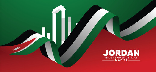 Jordan Independence Day 25 May flag ribbon with landmark vector poster