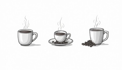 Fototapeta premium Aromatic Coffee Trio: Three distinct mugs of rich, dark coffee, steaming gently. A visual delight for coffee lovers, perfectly capturing the essence of a morning ritual.