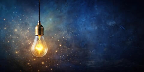 Illuminated Filament Bulb Hanging Against a Dark Blue Textured Background with Golden Sparkles