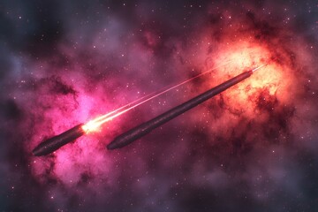Fototapeta premium Cosmic Ships Firing Energy Beams Through Nebula A Stunning Space Scene