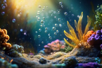 Obraz premium Macro underwater scene with floating plankton, coral tips, and subtle marine gradients