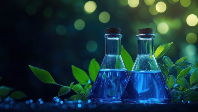 Enchanted Elixir: Two Conical Flasks Filled with a Mystical Blue Liquid, Nestled Among Lush Green Foliage Under a Night Sky.