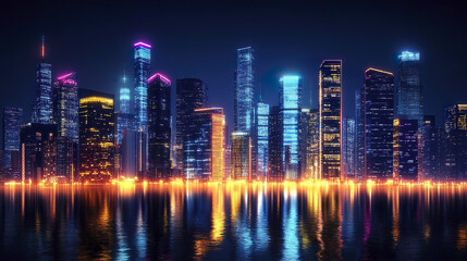 Fototapeta premium vibrant night cityscape with glowing corporate buildings reflecting on water
