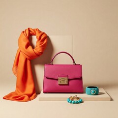 Minimalist fashion flat lay with bold-colored accessories arranged on neutral-toned background, magazine editorial look
