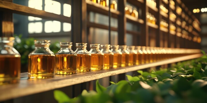 Golden Elixir: A Collection of Aromatic Oils in a Serene Setting