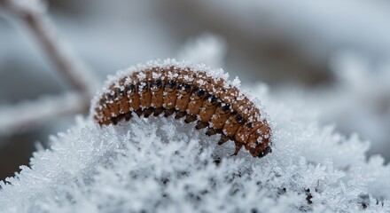 Frost covered insect on frozen branch