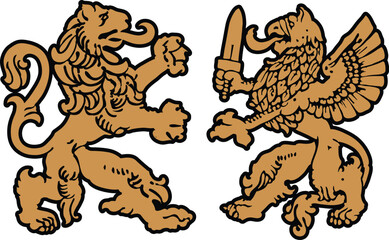 Golden  lion and griffin on a white background, used in medieval heraldry