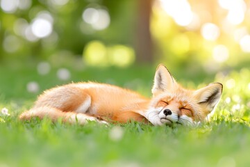 A red fox naps peacefully in a sun-drenched grassy field