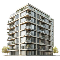 Obraz premium A computer-generated image of a modern, multi-story apartment complex, showcasing its design elements and layout.