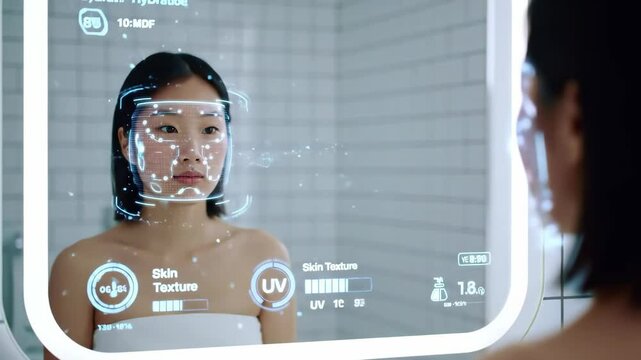 Discovering skin health technology in a modern bathroom setting for personalized beauty care and rejuvenation insights