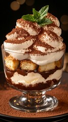 Tiramisu Dessert in Glass Dish with Chocolate Topping