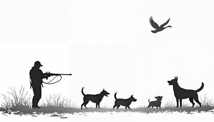 Shadow Hunter Silhouette: Silhouette of a hunter taking aim alongside a pack of eager dogs, against an open sky, a flying goose hinting at the hunt's objective.