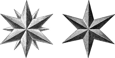 Engraved illustration of geometric stars for exploration and discovery themes