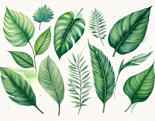 Fototapeta premium Set of tropical floral watecolor. Tropical green leaves on white background. Watercolor set