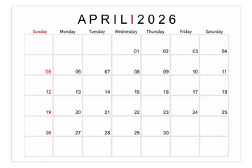 April 2026 Blank calendar page isolated on white background, Save clipping path.