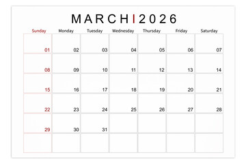 March 2026 Blank calendar page isolated on white background, Save clipping path.